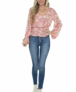 Peach Love Watermelon Floral Print Surplice Peplum Blouse