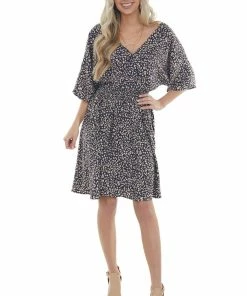 Staccato Navy Blue Leopard Print Surplice Half Sleeve Short Dress
