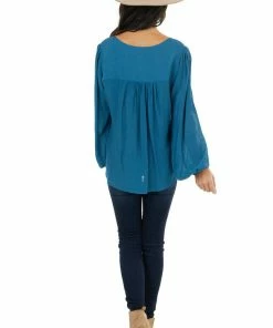Kori America Tops Dark Teal Surplice Puff Sleeve Blouse With Bubble Hemline
