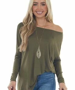FSL APPAREL Tops Olive Long Sleeve Stretchy Knit Top With Boat Neckline