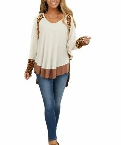 Umgee Cream Long Sleeve Waffle Knit Top With Leopard Contrast