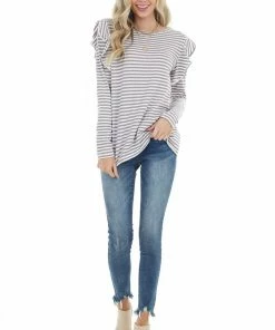 Doe & Rae Mocha And Ivory Striped Long Sleeve Top With Ruffle Detail