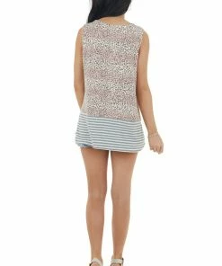 Lovely Melody Dusty Blush Leopard Print Sleeveless Top With Striped Detail Tops