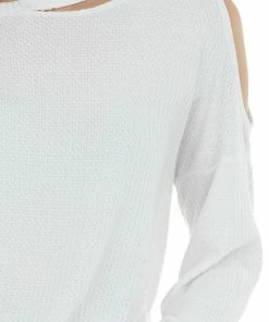 143 Story Tops Ivory Waffle Knit Long Sleeve Top With Cold Shoulder
