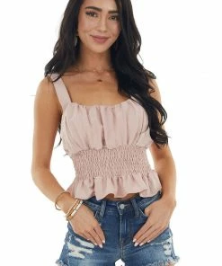 She + Sky Tops Light Dusty Rose Sleeveless Peplum Blouse With Smocked Waist 26 She + Sky Tops Light Dusty Rose Sleeveless Peplum Blouse With Smocked Waist