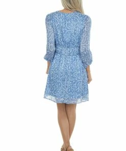 Umgee Rich Cobalt And Ivory Floral Long Sleeve Dress Dresses