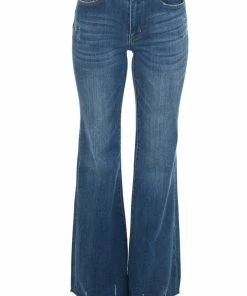 Risen Dark Wash High Rise Raw Hem Flare Fit Jeans