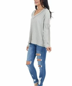 12PM Heather Grey Variegated Ribbed Knit Long Sleeve V Neck Top Tops