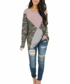 HOPELY Camo Colorblock Long Sleeve Knit Top With Raw Edge Detail Tops 26 HOPELY Camo Colorblock Long Sleeve Knit Top With Raw Edge Detail Tops