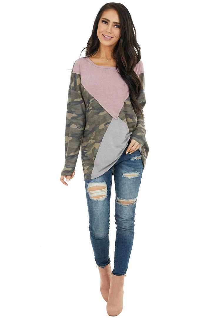 HOPELY Camo Colorblock Long Sleeve Knit Top With Raw Edge Detail Tops 13 HOPELY Camo Colorblock Long Sleeve Knit Top With Raw Edge Detail Tops