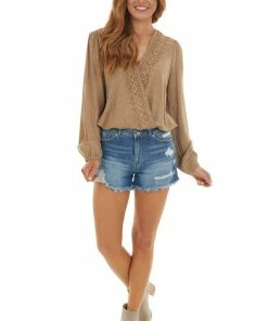 Andree Tops Caramel V Neck Blouse With Crochet Lace