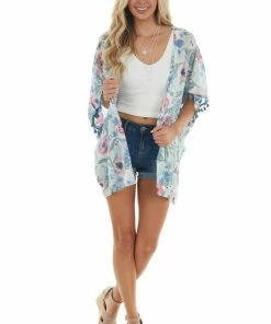 Jodifl Tops Dusty Blue Floral Chiffon Open Front Kimono