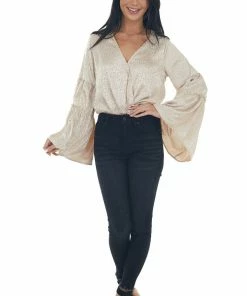 Peach Love Rich Champagne Leopard Surplice Satin Blouse Tops 35 Peach Love Rich Champagne Leopard Surplice Satin Blouse Tops