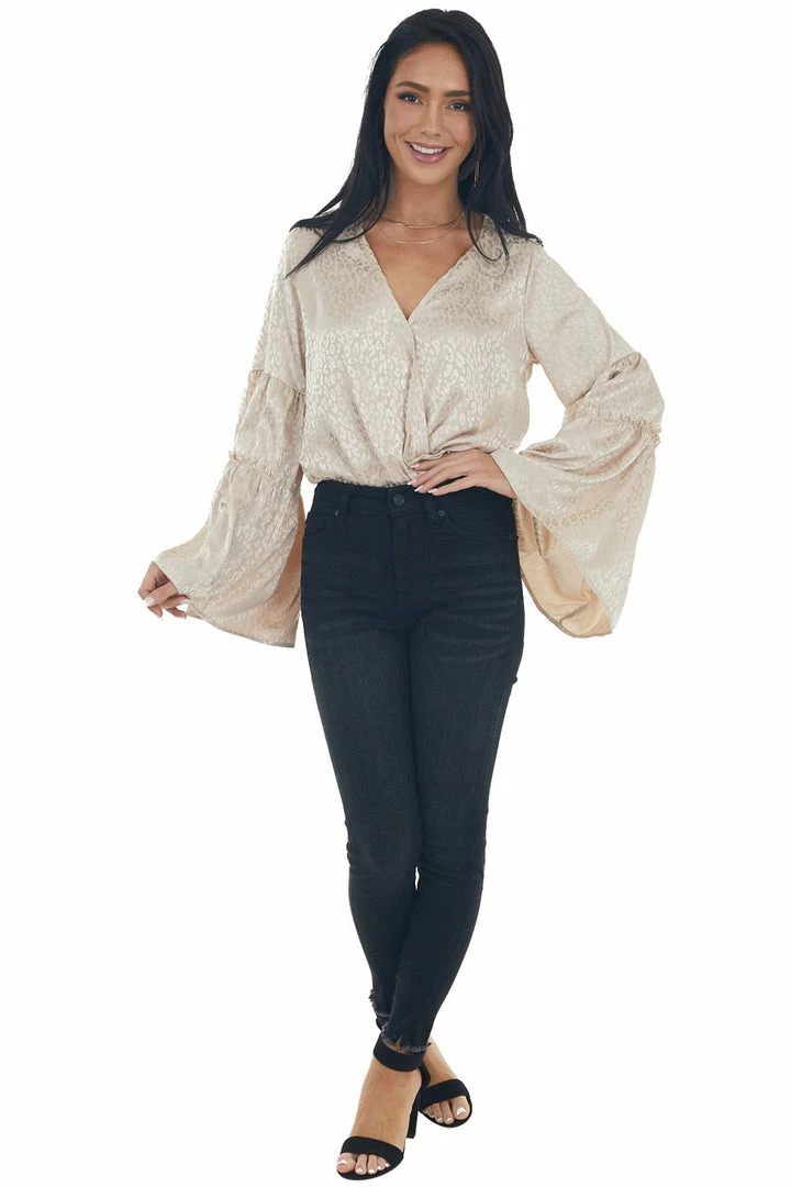 Peach Love Rich Champagne Leopard Surplice Satin Blouse Tops 18 Peach Love Rich Champagne Leopard Surplice Satin Blouse Tops