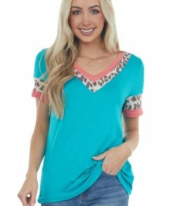 Lovely Melody Bright Teal Ringer V Neck Top With Leopard Print Contrast Tops 26 Lovely Melody Bright Teal Ringer V Neck Top With Leopard Print Contrast Tops