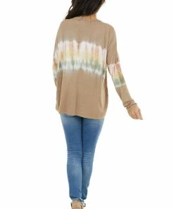 FSL APPAREL Walnut And Ivory Long Sleeve Top With Tie Dye Detail Tops