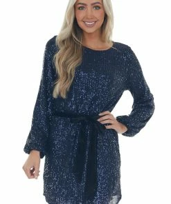 Dress Forum Navy Sequin Bubble Sleeve Velvet Belt Dress Dresses