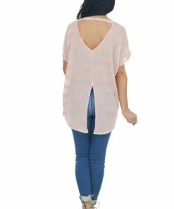 CY Fashion Tops Pale Pink Striped Loose Knit Top With Front Chest Pocket