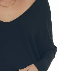 Charlotte Avery Black Wide V Neck Long Dolman Sleeve Knit Top Tops