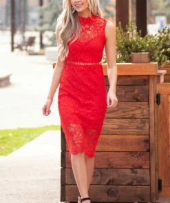 Main Strip Dresses Scarlet Sleeveless Crochet Lace Midi Dress