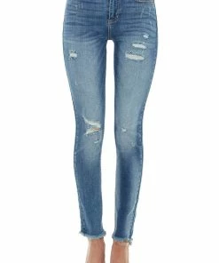 Sneak Peek Medium Wash Mid Rise Jeans With Frayed Hem And Distressing Bottoms 14 Sneak Peek Medium Wash Mid Rise Jeans With Frayed Hem And Distressing Bottoms