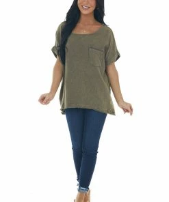 Umgee Tops Olive Mineral Washed Top With Chest Pocket