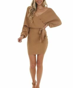 Style Melody Brown Sugar Surplice Ribbed Knit Sweater Dress Dresses