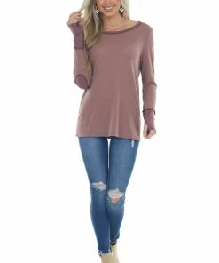 BiBi Rose Taupe And Berry Contrast Thermal Knit Top