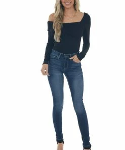 143 Story Black Off Shoulder Overlay Detail Bodysuit Tops