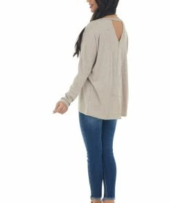 143 Story Tops Heathered Latte Criss Cross Back Cut Out Top