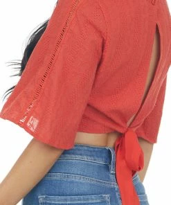 Davi & Dani Lipstick Red Flare Sleeve Open Back Woven Crop Top