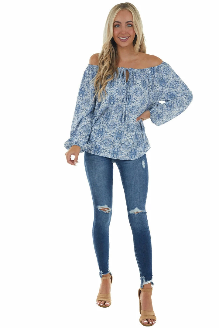 First Love Ocean Blue Printed Off Shoulder Blouse Tops 19 First Love Ocean Blue Printed Off Shoulder Blouse Tops