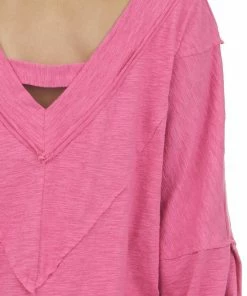 143 Story Heathered Magenta Raw Edge V Neck Knit Top