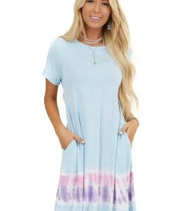 FSL APPAREL Dresses Baby Blue Tie Dye Short Sleeve Swing Knit Dress With Pockets