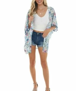 Jodifl Tops Dusty Blue Floral Chiffon Open Front Kimono