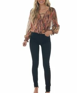 Peach Love Tops Multicolor Abstract Print Bubble Sleeve Blouse