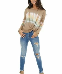 FSL APPAREL Walnut And Ivory Long Sleeve Top With Tie Dye Detail Tops