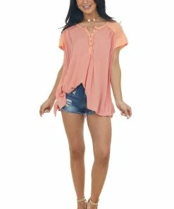 Davi & Dani Coral And Salmon Button Front Flowy Blouse Tops