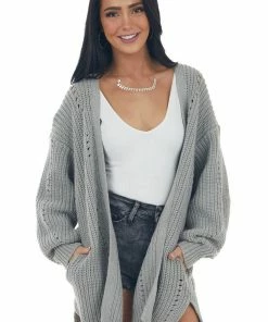 Fantastic Fawn Tops Steel Grey Side Pocket Pointelle Cardigan