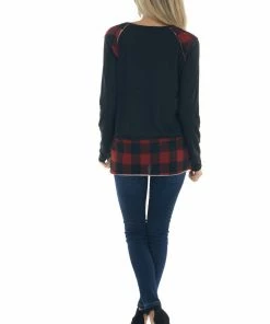 Vanilla Bay Black Raw Edge Knit Top With Plaid Contrast