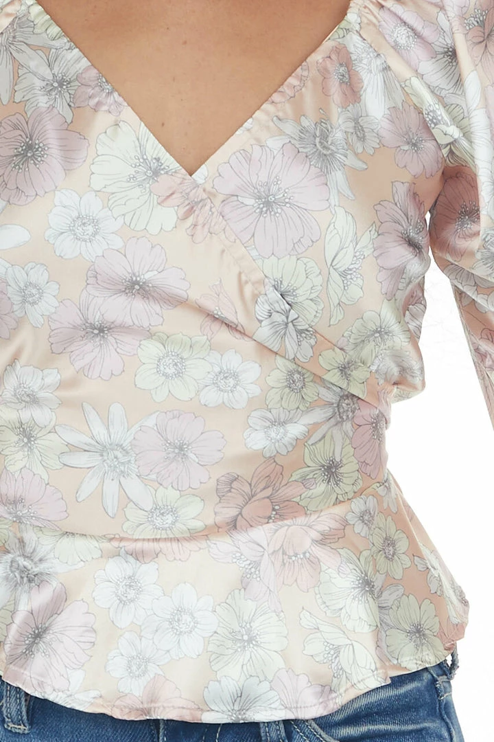 Peach Love Dusty Peach Satin Floral Surplice Peplum Top 12 Peach Love Dusty Peach Satin Floral Surplice Peplum Top
