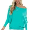 Charlotte Avery Tops Aquamarine Round Neck Top With Long Dolman Sleeves