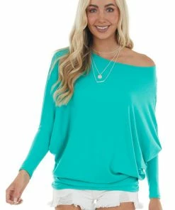 Charlotte Avery Tops Aquamarine Round Neck Top With Long Dolman Sleeves