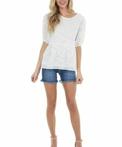 Staccato Off White Floral Lace Peplum Top With Short Puff Sleeves Tops