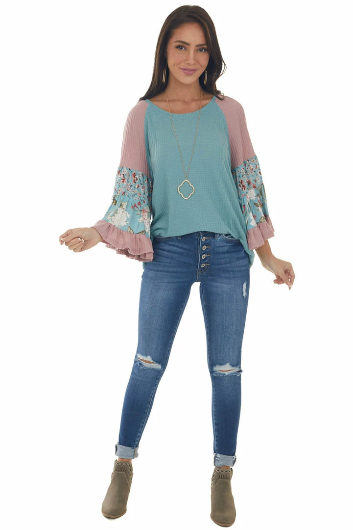 Umgee Teal Colorblock Tiered Sleeve Waffle Knit Top 14 Umgee Teal Colorblock Tiered Sleeve Waffle Knit Top