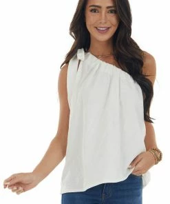BiBi Ivory One Shoulder Top With Self Tie Strap Tops