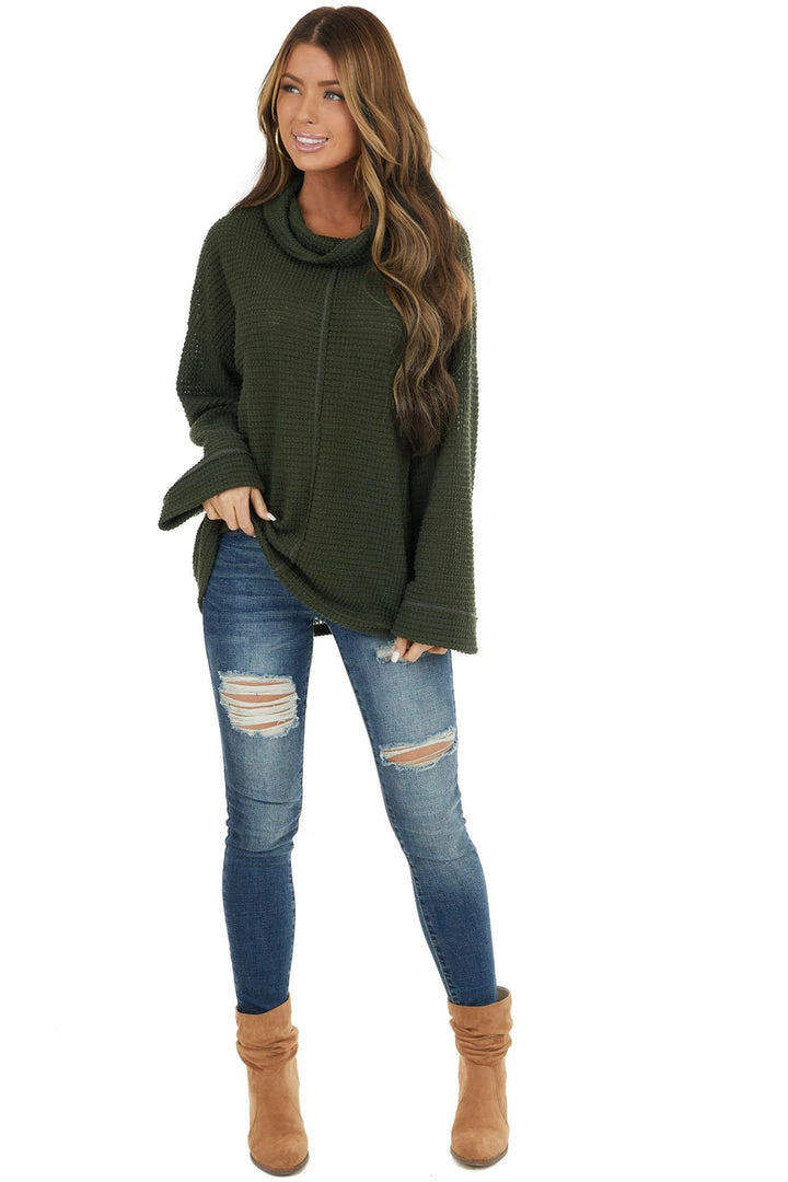 BiBi Tops Dark Olive Waffle Knit Long Sleeve Top With Cowl Neckline 18 BiBi Tops Dark Olive Waffle Knit Long Sleeve Top With Cowl Neckline