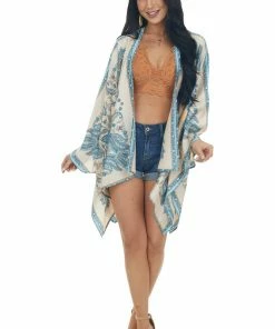 Entro Steel Blue Paisley Print Handkerchief Hem Kimono