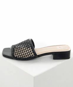 FORTUNE DYNAMIC Black Loose Woven Strap Slip On Sandals With Low Heel