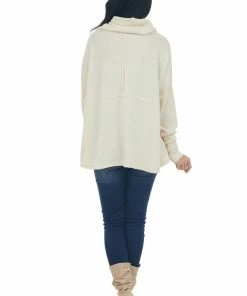 143 Story Tops Cream Wide Fit Cowl Neck Brushed Knit Top